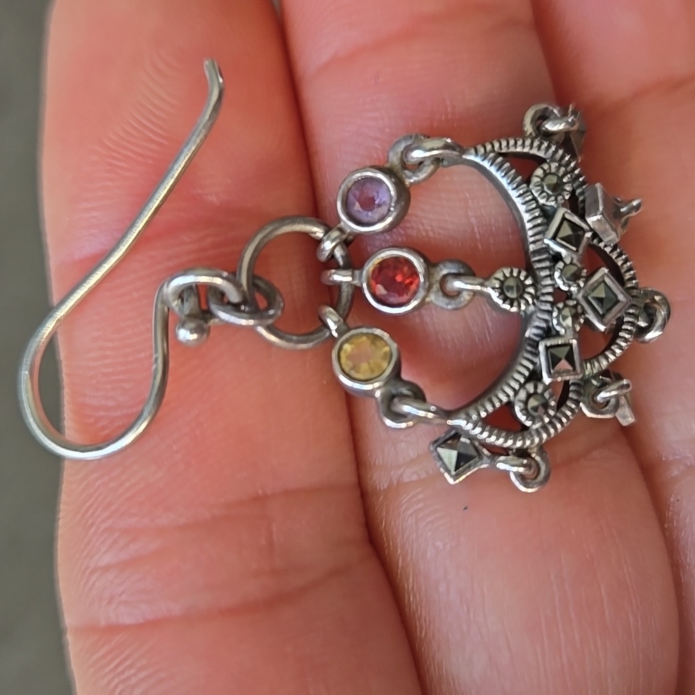 Elegant Sterling Silver Marcasite Chandelier Earrings with Mulitcolor Stones - Picture 5 of 5